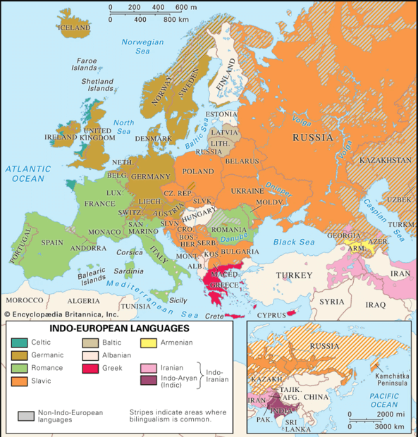 現代ユーラシア大陸におけるインド・ヨーロッパ語族のおおよその位置